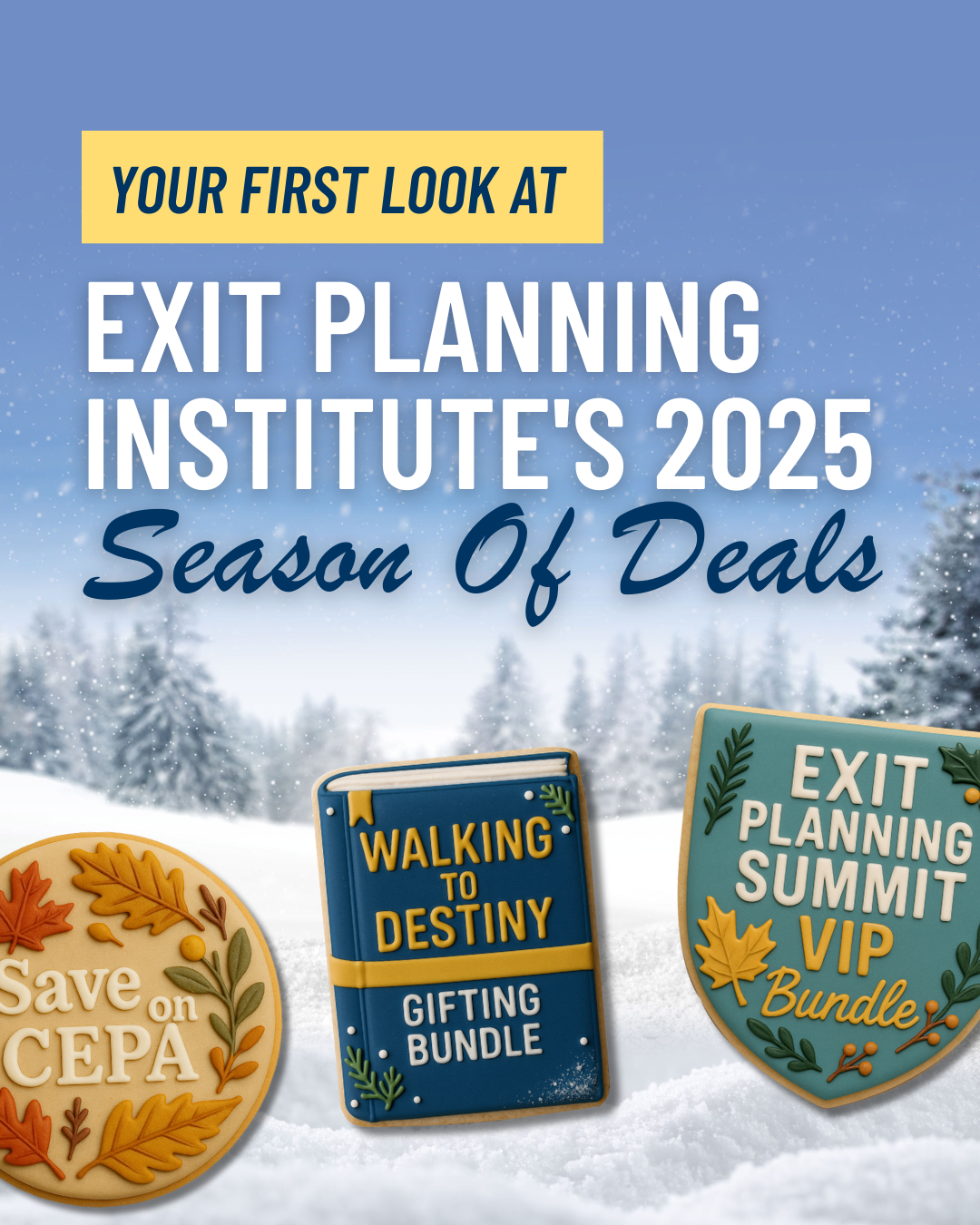 Cookies in a snowy landscape that says 