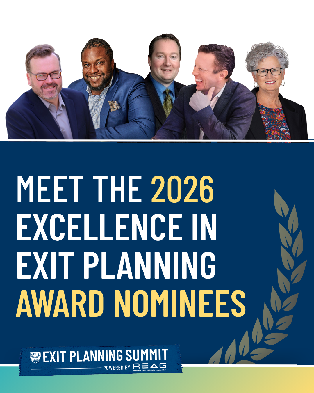 Meet the 2026 Excellence in Exit Planning Award Nominees (From left: Wally Waldron, Jerome Myers, Todd Yeiter, Jason Bush, Kristin Carlson)